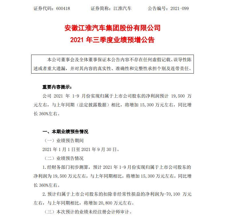 同比暴增3.6倍！江淮汽车今年前三季度预计净赚近2亿