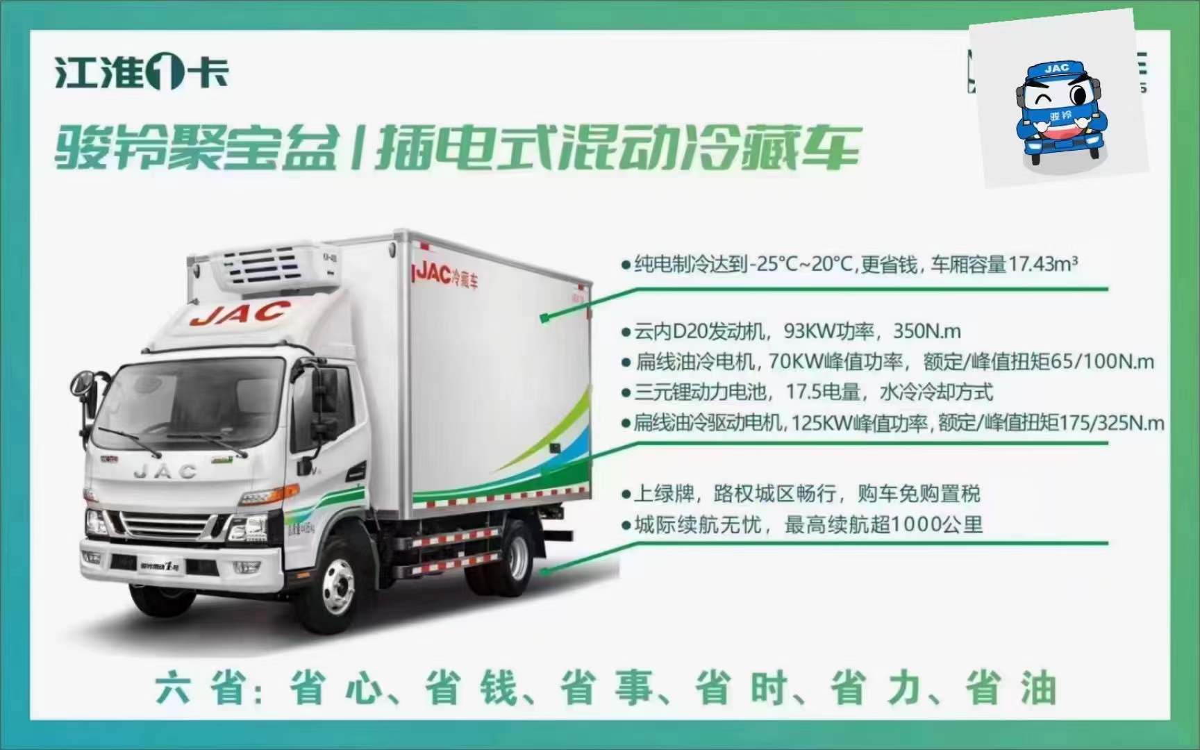 江淮混动冷藏得益于领先的混动技术加持，其油耗相比同级车型下降30%