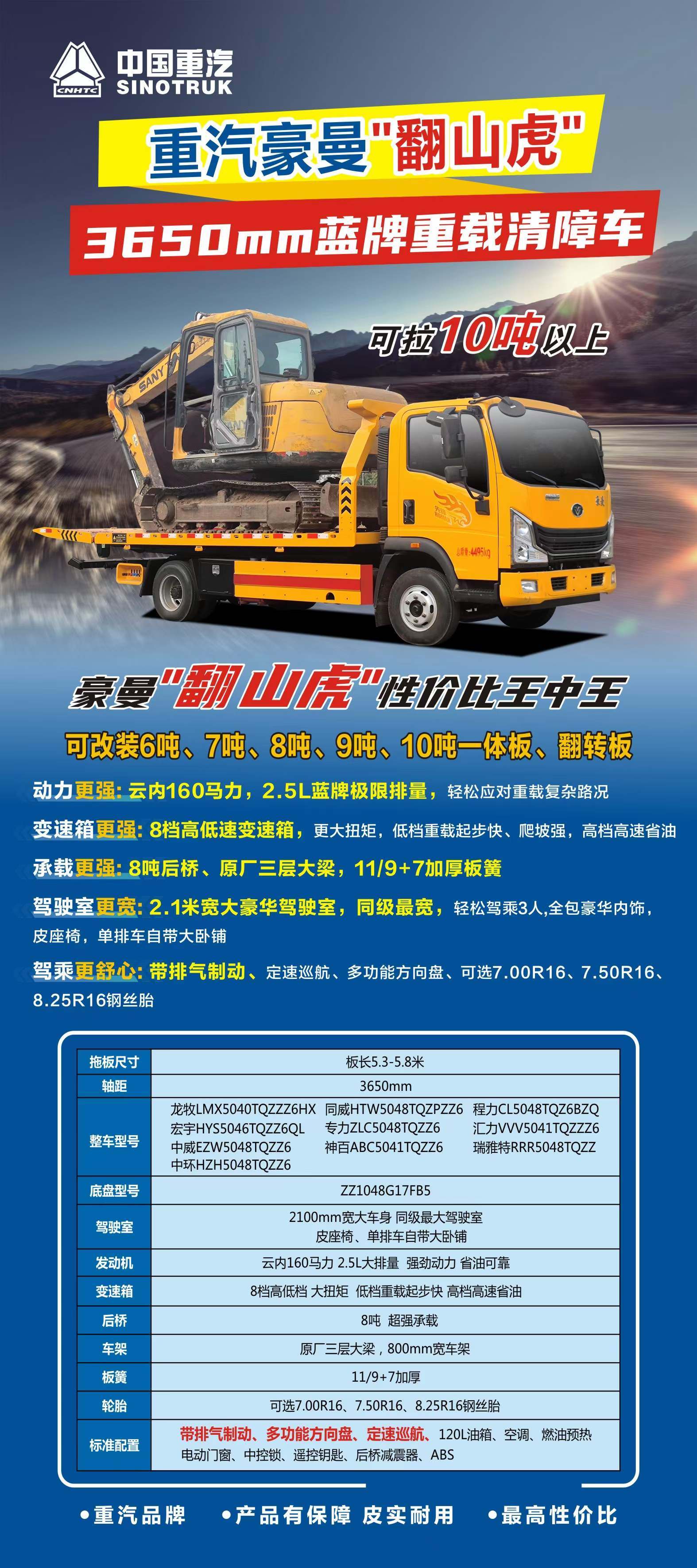 重汽豪曼3650轴距清障车厂家价格